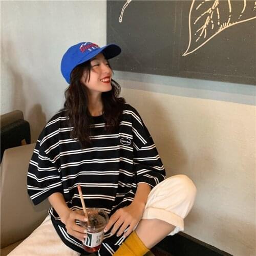 Summer Black White Striped Short-Sleeved t-Shirt Female Korean Style Harajuku Popular Aesthetic Clothes Oversize Womens Tops