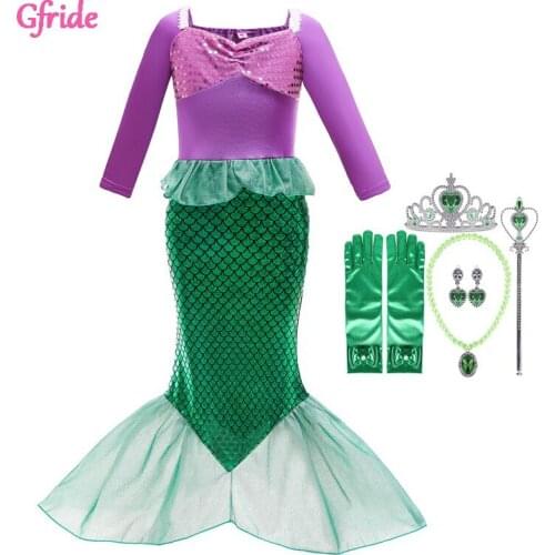 Girls Cosplay Mermaid Dress For Kids Christmas Little Mermaid Costume With Crown Child Carnival Birthday Party Clothing 2-10 Yr