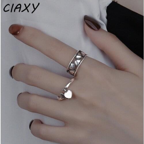 CIAXY 925 Sterling Silver Retro Love Heart Pendant Rings Geometric Cross Design Adjustable Ring Women Girl Lover Birthday Gift