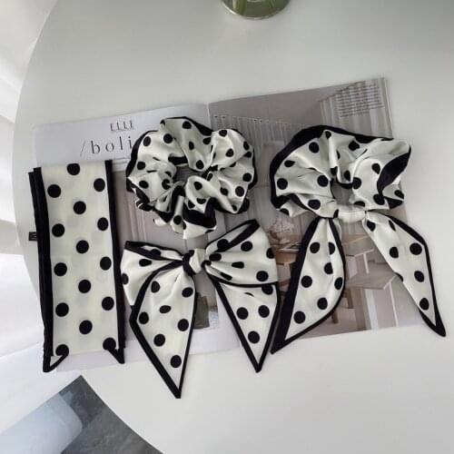 Korean Version Of The New Temperament Black And White Wave Dot Pattern Hairpin Streamer Hair Circle High-quality Silk Scarf