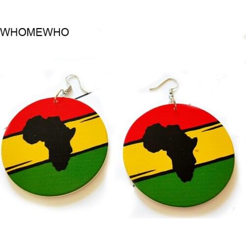 Colorful Wood Painting Round Africa Map Drop Earring Retro Handmade Wooden African Indian Hiphop Ear Tribal Jewelry