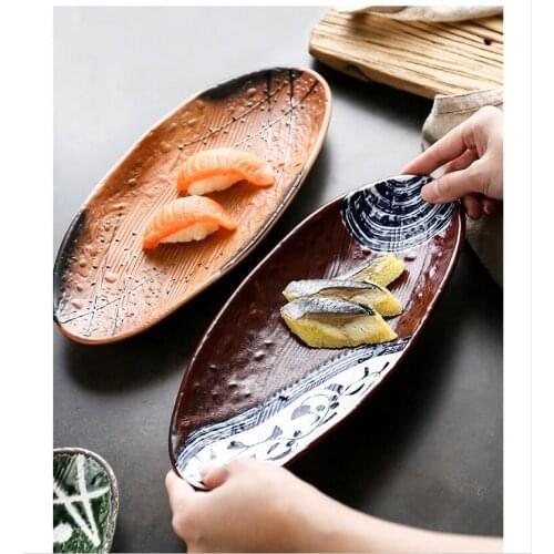 Creative oval plate sushi plate Japanese tableware hand-painted ceramic dinner plate home dessert plate restaurant tableware