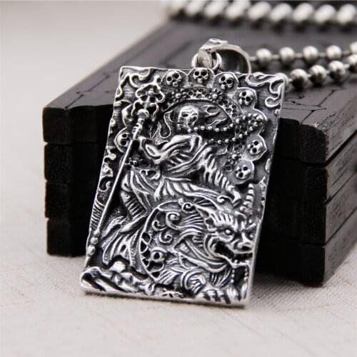S925 Sterling Silver Retro Thai Silver Pendant Hell Is Not Empty Vow To Become A Buddha To King Hanging Tag Pendant