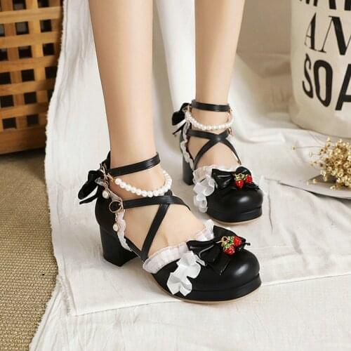 Japanese Sweet Lolita Shoes Pink White Red Black Bow Loli Women Cute Women Anime Cosplay Ruffles Bowknot Kawaii Shoes