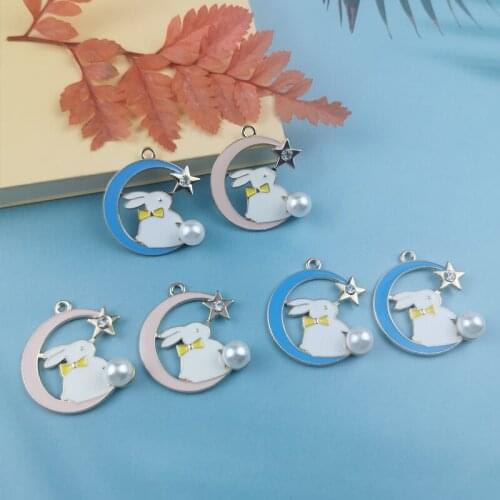 10pcs Fashion Enamel Two Colors Rabbit Moon Charms Alloy Gold Tone Animal Pendant Necklace Bracelet Jewelry Making Accessory