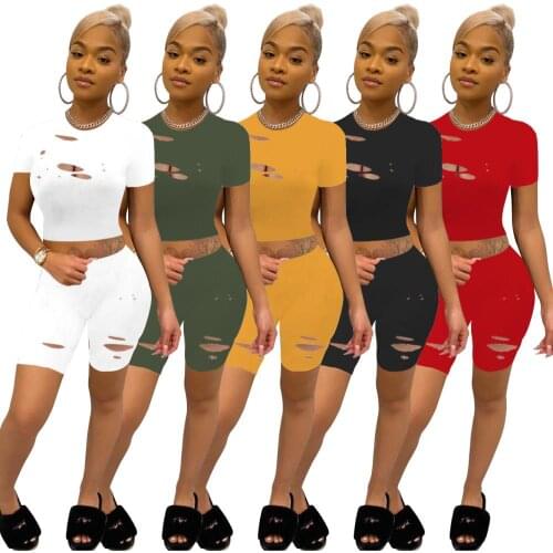 Fashionable Short Tracksuits 2PCS Suits Hole Hollow Out See Through Crew Neck Short Sleeve Tops+Tight Knee-Length Shorts Outfits
