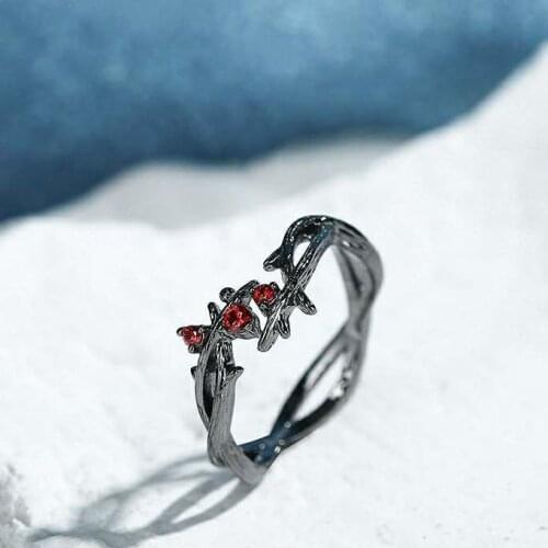 Trendy Female Male Red Crystal Metal Ring Hip Hop 14KT Black Gold Open Engagement Ring Punk Leaf Zircon Wedding Rings For Women