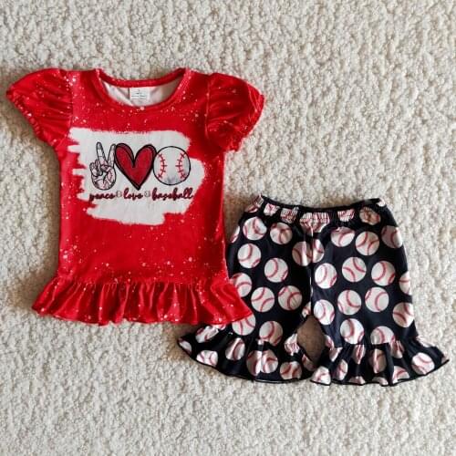 Paece Love Baseball Infants Baby Girls Clothes Red Short Sleeve Shirt Shorts Summer Outfits Boutique kids Clothing Sets