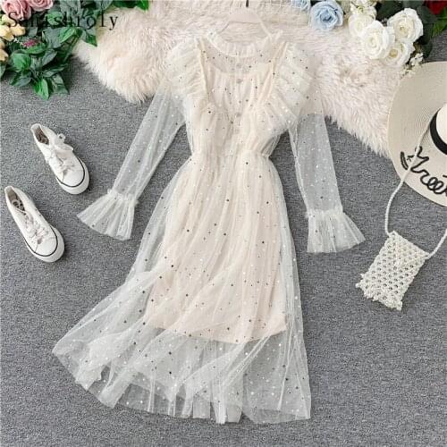 Sanishroly Spring Autumn Women Ruffles Lace Dress Sweet Star Sequins Mesh Dress Female Long Sleeve Long Dresses Vestidos CD020