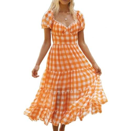 Summer Women Dress Elegant Plaid Puff Sleeve Long Dress Mid-calf Backless Tie Up Casual Dress Vacation Vestidos