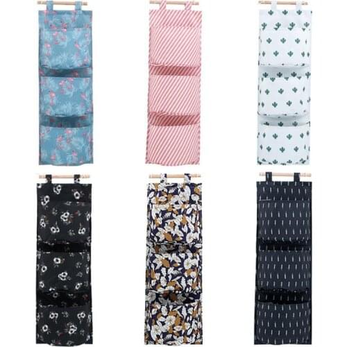 Cotton Linen Printing Hanging Storage Bag 3 Pockets Wall Mounted Wardrobe Hang Bag Wall Pouch Cosmetic Toys Organizer