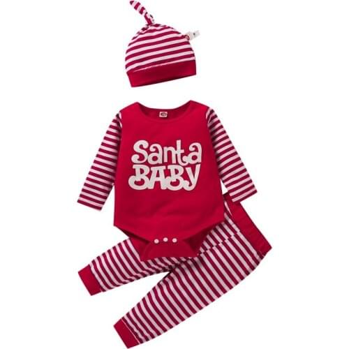 Christmas Baby Girl Boy Long Sleeve Letters Print Romper Tops Striped Trousers Hat Outfits Clothes