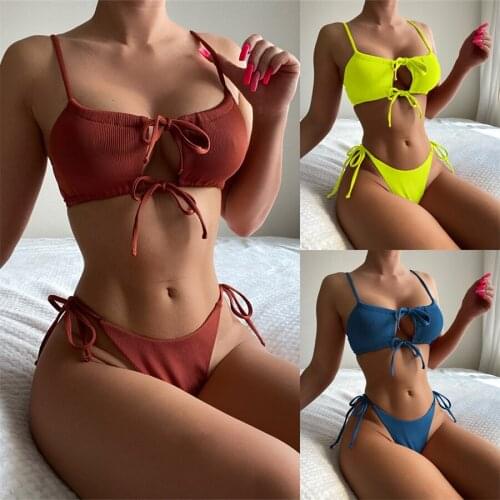 Sexy Adjustable Swimwear Women Solid Triangle thong Bikini 2021 Bandage Backless Swimsuit Women Beachwear Brazilian Biquini Set