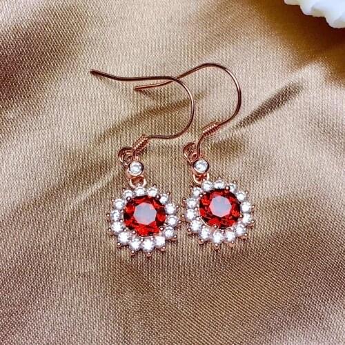 Natural red garnet gem earrings 925 silver Natural gemstone drop earring elegant round sunflower women wedding fine jewelry