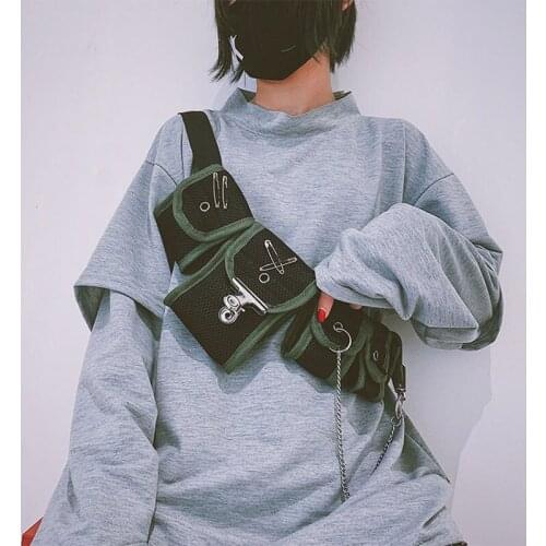 Multi-Pocket Tactical Function Waist Packs Trend Chain Hip-Hop Tooling Canvas Chest Bag Multi-Function Pocket Tactical Waist Bag