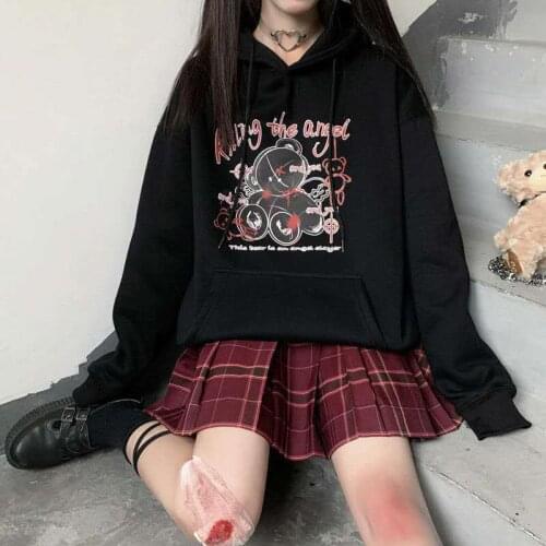 Deeptown Kawaii Anime Print Hoodies Women Cartoon Long Sleeve Cute Tops Black Gothic Sweatshirt Punk Y2K Vintage Clothes Korean