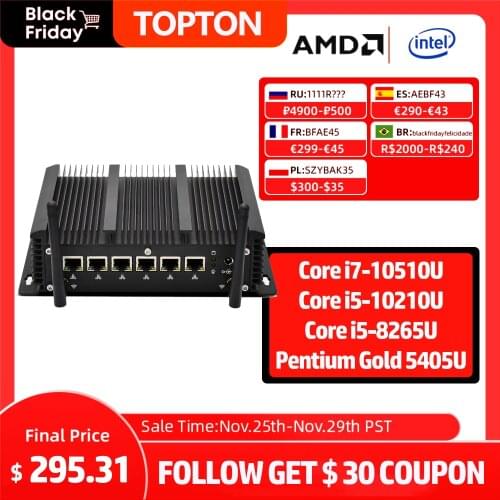 Topton Industrial Mini PC Intel Core i5 8265U i3 6157U 6 Lans Firewall Router Pfsense Server 2*RS232 4*USB3.0 HDMI 4G/3G AES-NI