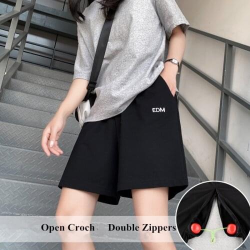 Outdoor Sex Shorts Pants Women Casual Loose Cotton Korean Style Black Gray Secret Zipper Public Sexy Crothless Trousers Female