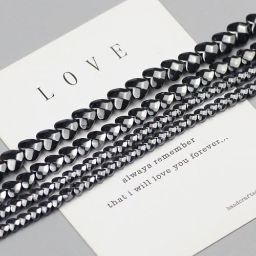 WLYeeS Natural Black Hematite Faceted Love heart shape Stone Loose beads for charm Bracelet Jewelry Making DIY 4 6 8MM 15inches