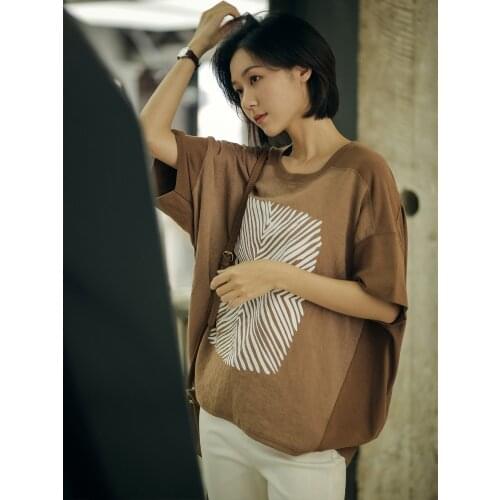 Womens 2021 summer new womens round neck loose and thin print stitching casual T-shirt 0306