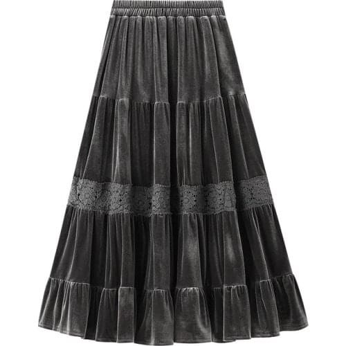 Retro Lace and Velvet Women Skirt Sweet Layered Skirt Midi Long Pleated Skirt Vintage Tiered A Line Skirt