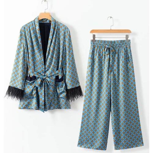 2020 Blue Printed Kimono Jacket with Feather Sleeves Wide Leg Loose Cuasal Trousers Women Vintage Clothing Suits