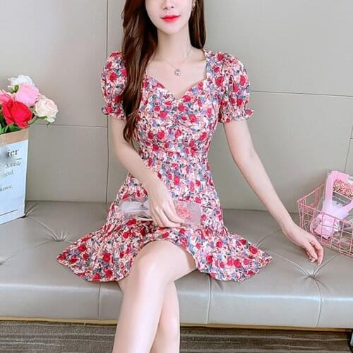 2021RedFloral Dresses Women Mini French Puff-sleeve Summer Sundress BF Empire Aesthetic LadieFashion All-match Breathable dress