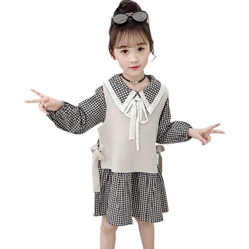 Teen Girls Clothing Vest + Plaid Dress Tracksuits For Girls Bow Tracksuit Girl Lace Floral Childrens Tracksuit