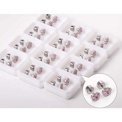 12 Pairs/lot Pink Flower Stud Earrings 316L Stainless Steel Silver Color Fashion Jewelry Accessories for Women Party Gift