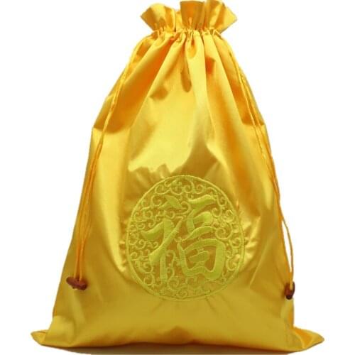 Embroidery Chinese FU Extra Large Satin Fabric Pouch Drawstring Jewelry Packaging Bags Travel Home Makeup Bra Shoe Bag 2pcs/lot