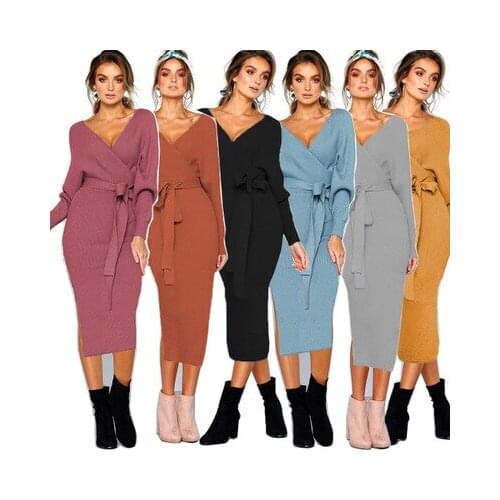 2020 New Autumn Winter Sexy Women Dress Knitted Sweater Dress Wrap Belted Tunic Midi Vestidos Long Sleeve VNeck Casual Dresses