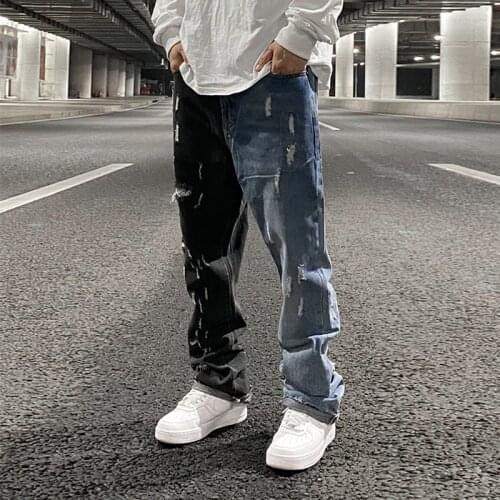 Color Block Hole Washed High Street Jeans for Men Straight Retro Frayed Casual Denim Pants Harajuku Baggy Oversize Trousers