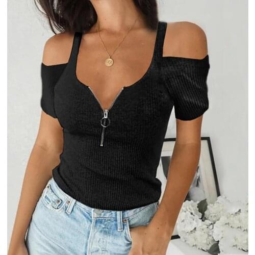 Womens Sexy T Shirt Hollow Out V-neck Collar Zipper Soild Color Cotton Soft Short Sleeve Fold Casual V Neck T Shirt Camisetas