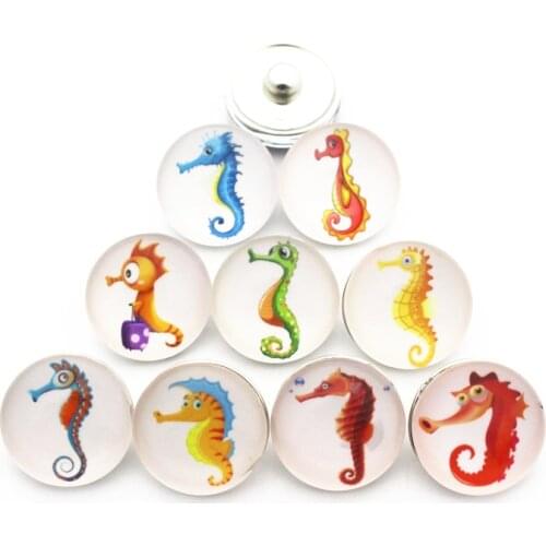 Hot selling 12pcs/lot glass 18mm snap buttons sea horse leather clasp snap button bracelet snap Bangles jewelry