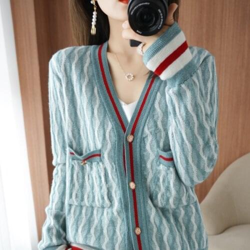 100% Pure Wool Cashmere Sweater Autumn and Winter 2021 Womens V-Neck Cardigan Casual Stitching Bright Silk Female Jacket Warm