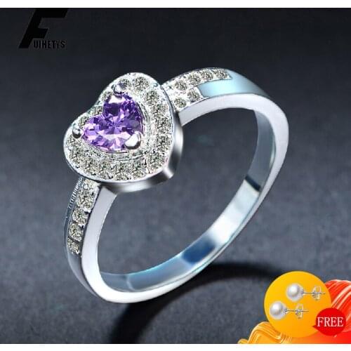 Trendy Ring 925 Silver Jewelry Heart Shape Amethyst Zircon Gemstones Finger Rings for Women Wedding Engagement Party Accessories