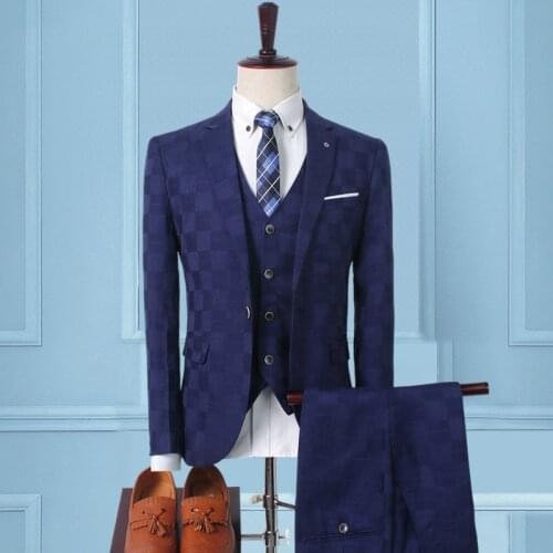 3-Piece Set（Jacket +Vest + Pants )New Fashion High-End Brand Oficial Business MenS Plaid Suit / Wedding Dress Groom Men Suit