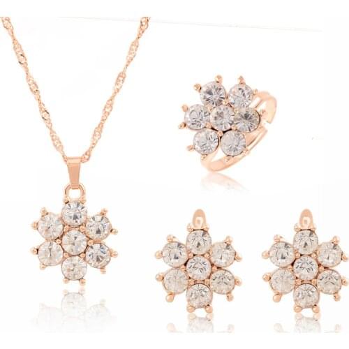 High Quality Gold Color Austrian Crystal Flower Pendants Necklaces Earrings Adjustable Ring Bridal Jewelry Sets For Women GIfts