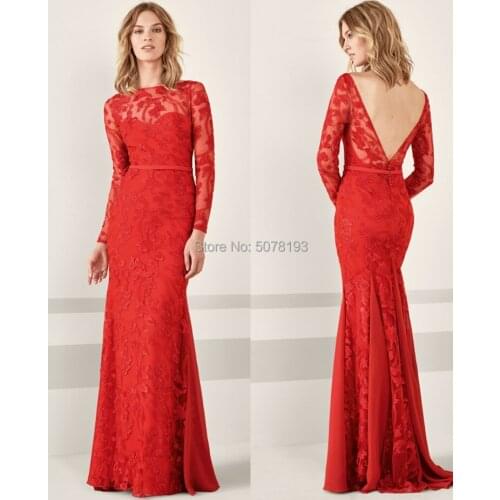 2019 fashion Scoop full lace sleeves open back zipper mermaid lace chiffon evening dress with belt&buttons free shipping