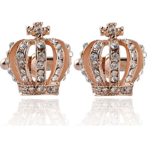 Full Rhinestones Crown Shirt Gold King Queen Wedding Groom Tuxedo Jewelry Fashion Classic French Crystal Mens Cufflinks