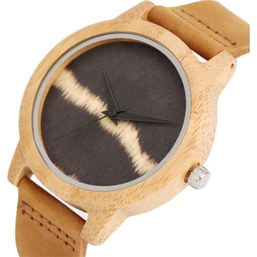 Men Quartz Watch Natural Bamboo Wooden Watch Case Brown Genuine Leather Watch Band Trendy Stripes Dial Casual Mens Watches