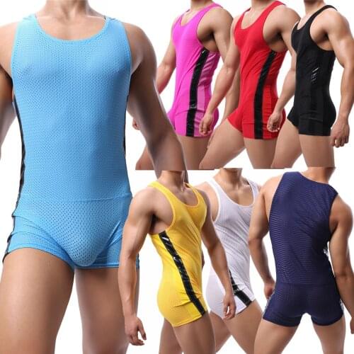 Mens Undershirts Sexy Mesh Jumpsuit Penis Pouch Boxers Bodysuit One-piece Leotard Gay Wrestling Singlet Underwear Sport Rompers