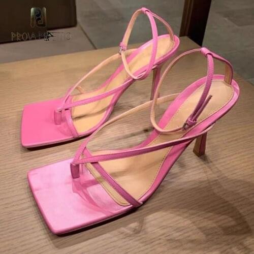 Prova Perfetto sexy square head solid color buckle strap ankle strap Rome style high heel toepost sandals