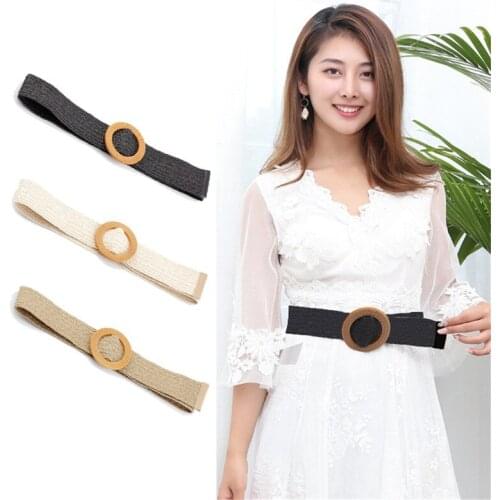 Bohemian Elastic Braided Belt Women Fashion Female Summer Dress Jeans Wide Black Pp Straw Designer Wood Buckle Boho Belts