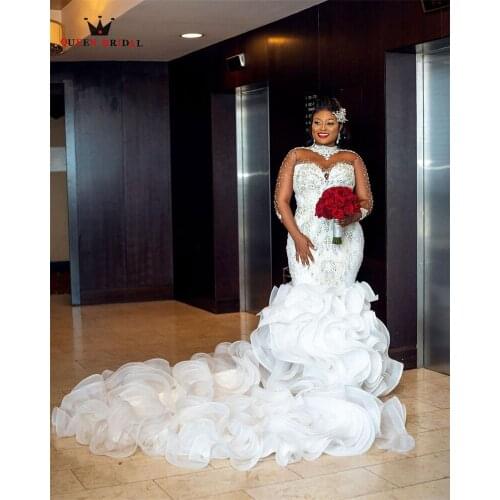Luxury Wedding Dresses Mermaid Long Sleeve Ruffle Train Crystal Beaded Diamond Formal Bridal Gowns Custom Size SK17