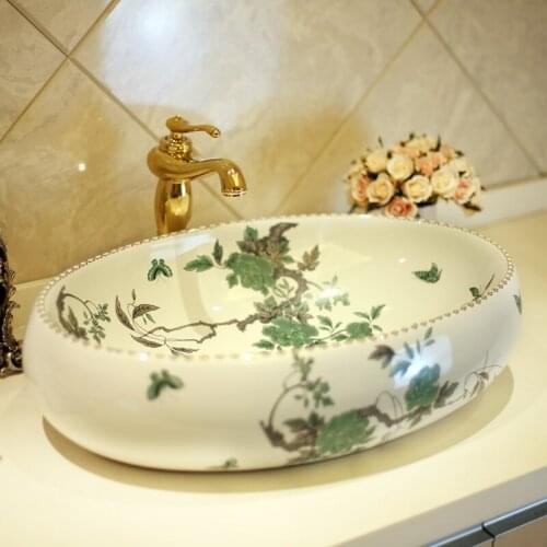 Handmade oval Shape Modern Brief Style Ceramic Artistic Lavabo Bathroom Sink ceramic Wash Basin oval green tree pattern