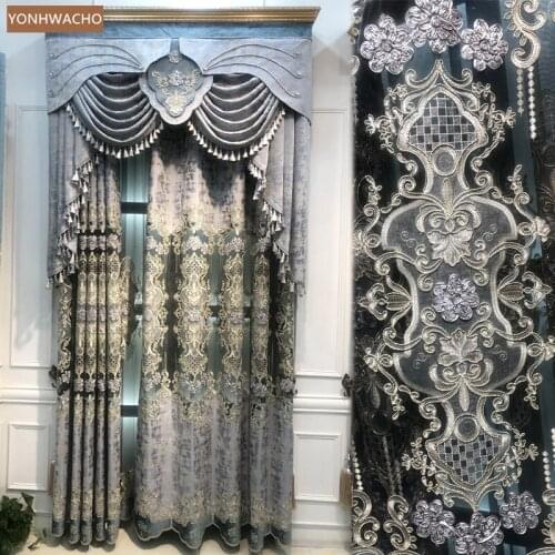 Custom curtain villa living room hollow embroidered window screen blue grey cloth blackout curtain valance tulle drapery C778