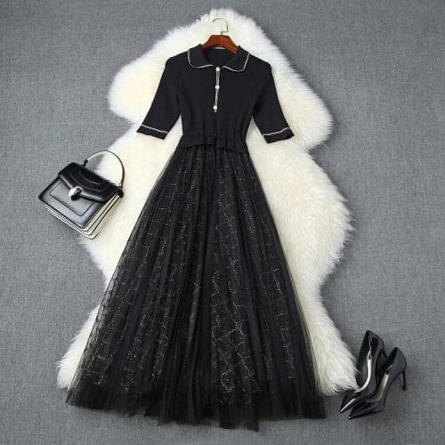 Womens European and American clothing 2021 summer new style Five-sleeved lapels Fashionable knit patchwork gauze dress