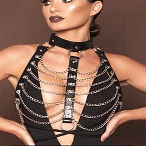Cosplay Pu leather Harness body chain women Bondage Goth Party Necklace Fashion Halter Festival Outfits punk Jewelry