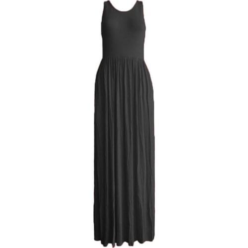 Racerback Style Sleeveless Women Dress O Neck Solid Color Pleated Large Hem Maxi Dress Streetwear